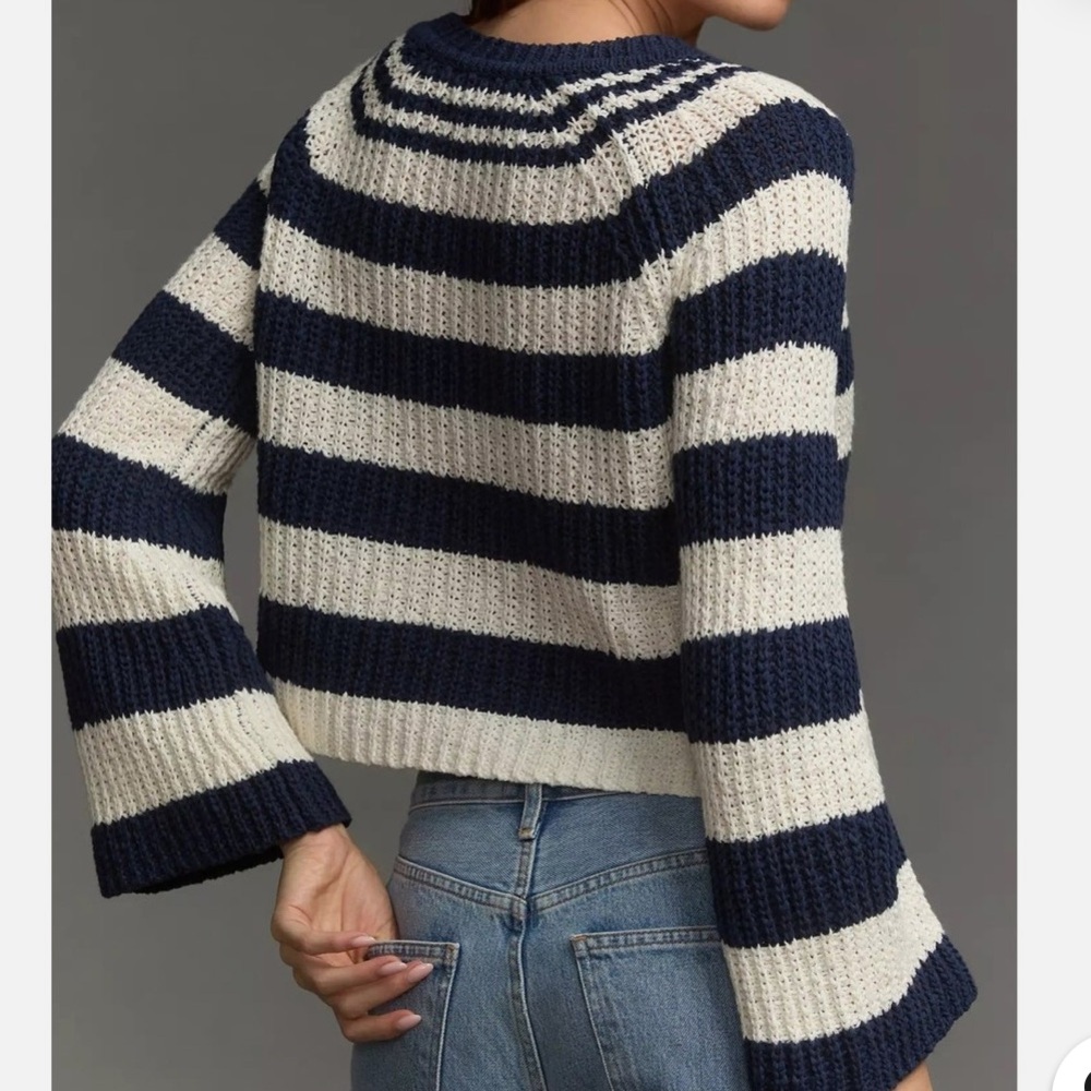 Anthropologie Pilcro Bell Sleeve Henley Navy Stripes nautical Sweater size S - Picture 2 of 9